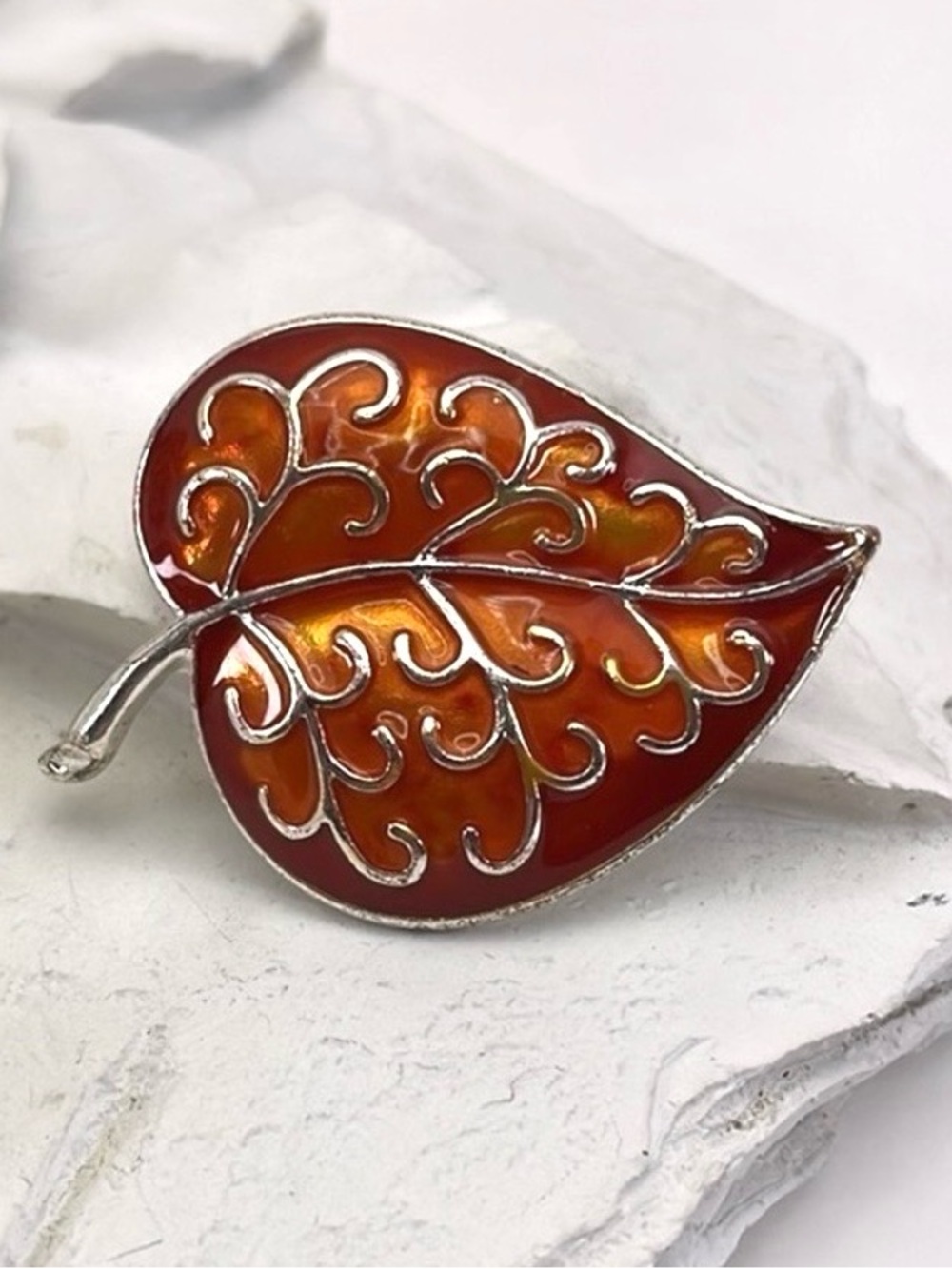 Leaf Brooch Fall Orange Enamel Silver Tone Pin
